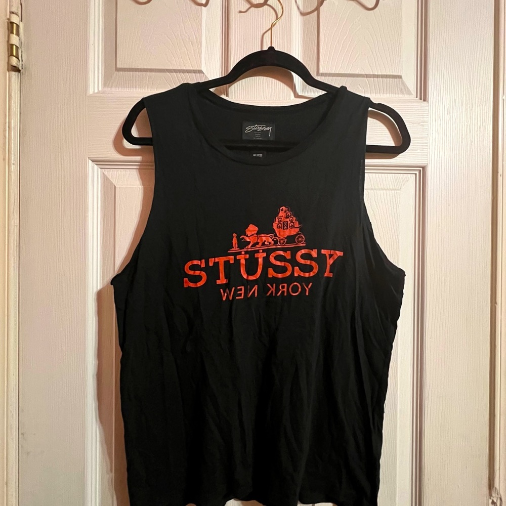 Stussy womens black graphic print raw hem tank top size medium